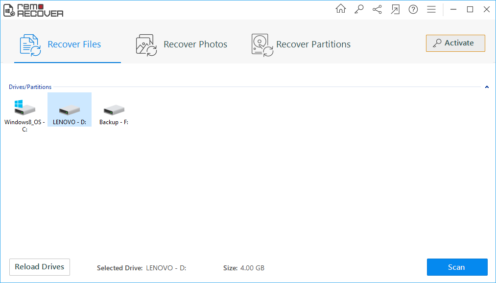 click on recover files and select the device to start avi file recovery
