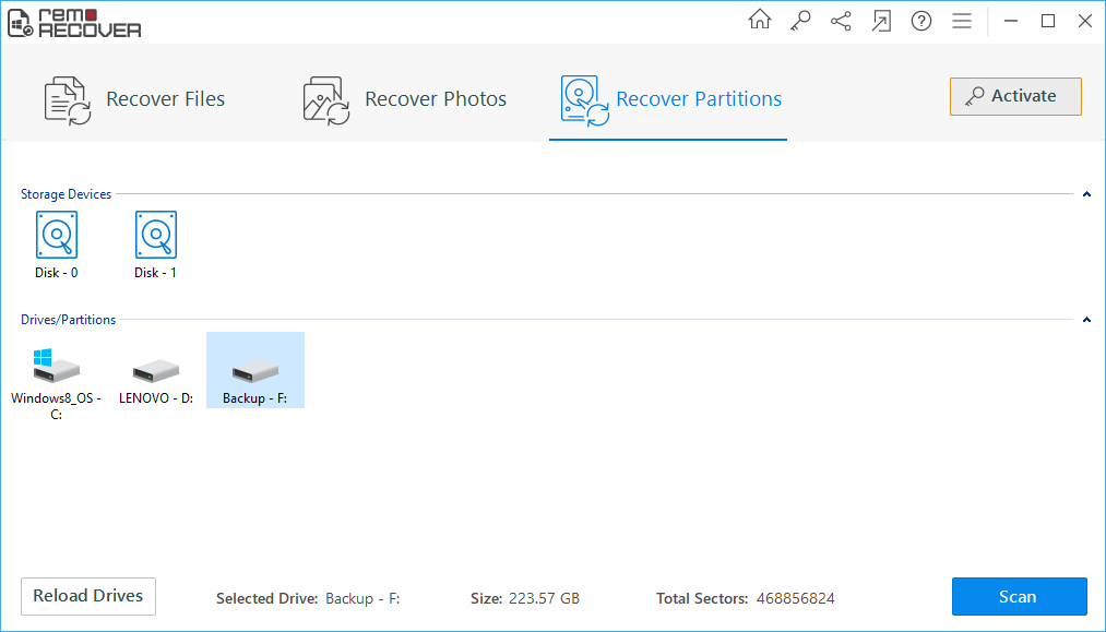 select the laptop drive from which you want to recover data and click on Scan