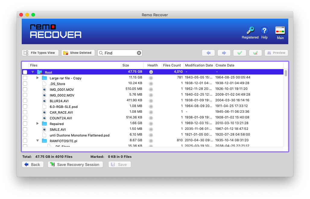 preview the recovered files and save the recovery session